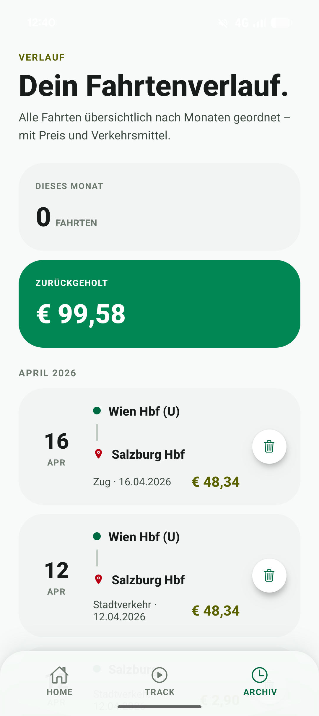 Archiv-Screen mit Fahrtenverlauf
