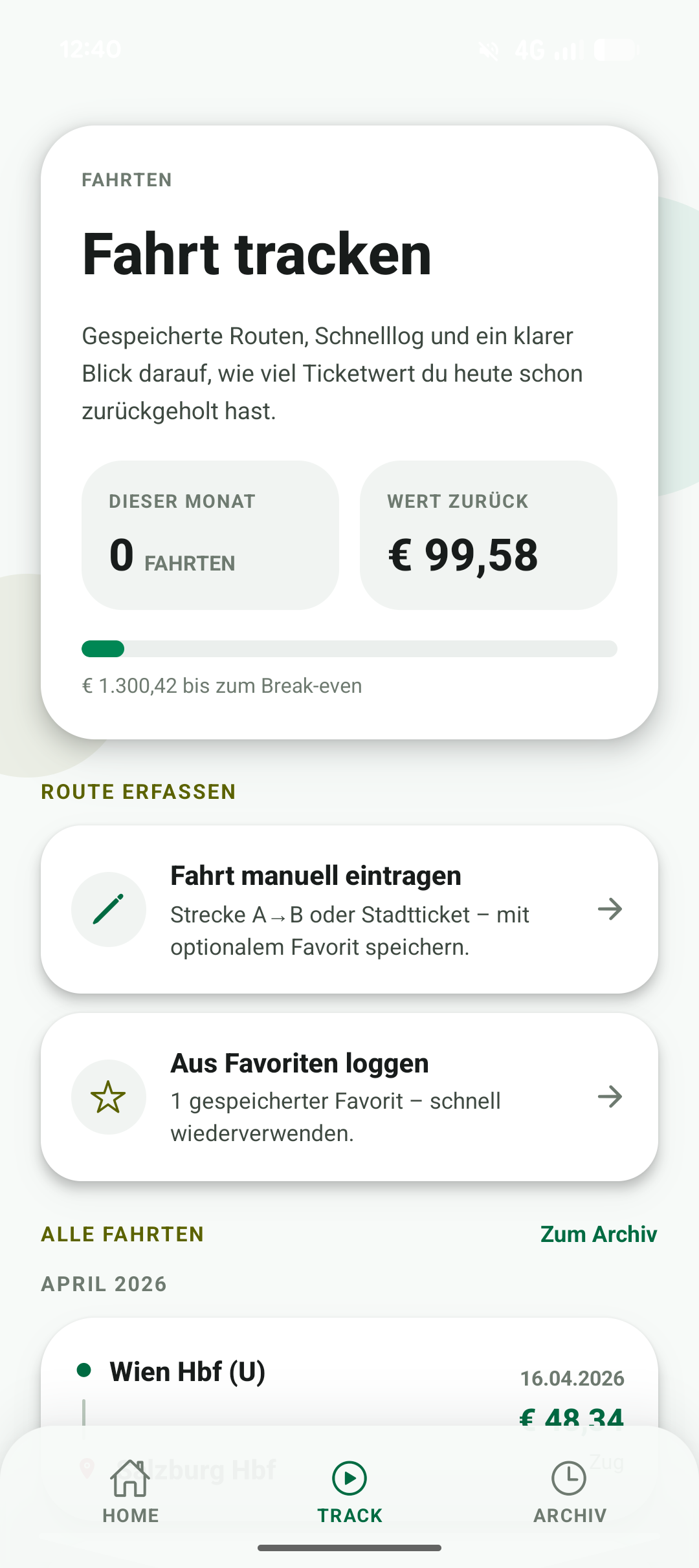 Track-Screen zum Erfassen von Fahrten